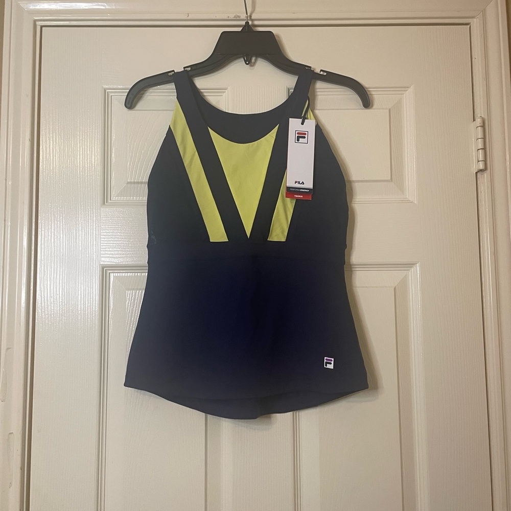 Fila Women’s Alley Halter Performance Energy Tennis Top in Navy and Yellow